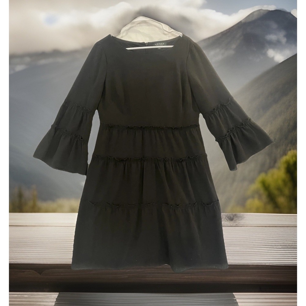 READ Lauren Ralph Lauren Dress Womens 8 Black Tiered Bell Sleeve Knee Length